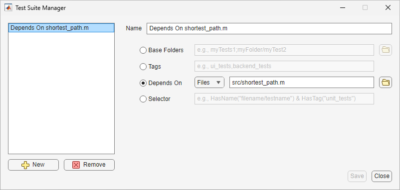 The Test Suite Manager shows a custom test suite that depends on the shortest_path.m file in the src folder of the ShortestPath project.