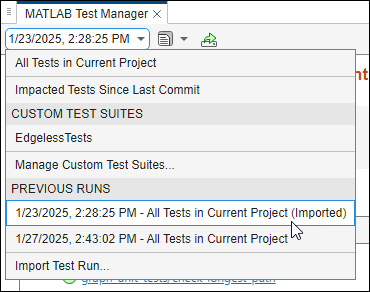 The mouse points to an imported test run.