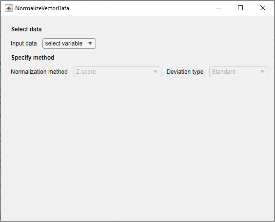 Instance of the Normalize Vector Data task with drop-down lists for selecting the input data, the normalization method, and the deviation type