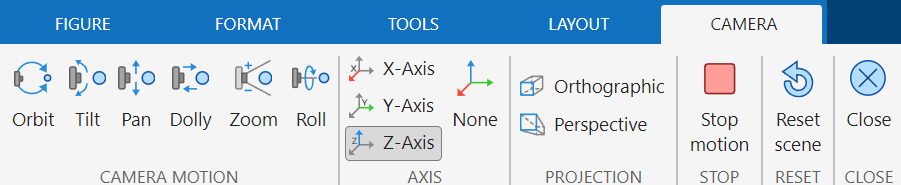 Camera tools for camera motion, principal axis, projection type, and resetting and stopping