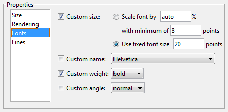 Fonts Properties panel with the Use fixed font size field set to 20, the Custom name field set to Helvetica, the Custom weight field set to bold, and the Custom angle field set to normal