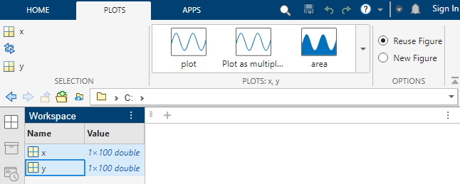 Workspace panel with selected variables x and y, with the Plots tab showing a gallery of plot types for these variables