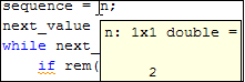 Code snippet with the cursor on the variable n and a data tip showing the data type and value of n