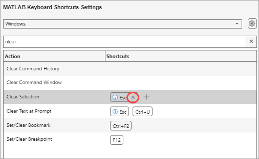 Keyboard Shortcuts Settings page with the Clear Selection action selected and the Delete shortcut button to the right of its shortcut key combination