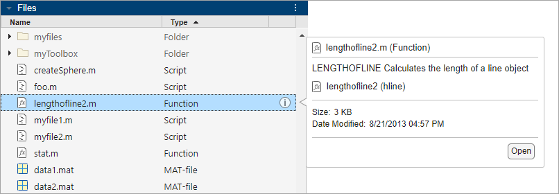 File browser in MATLAB Online with a list of files and the file preview for the penny.m file open