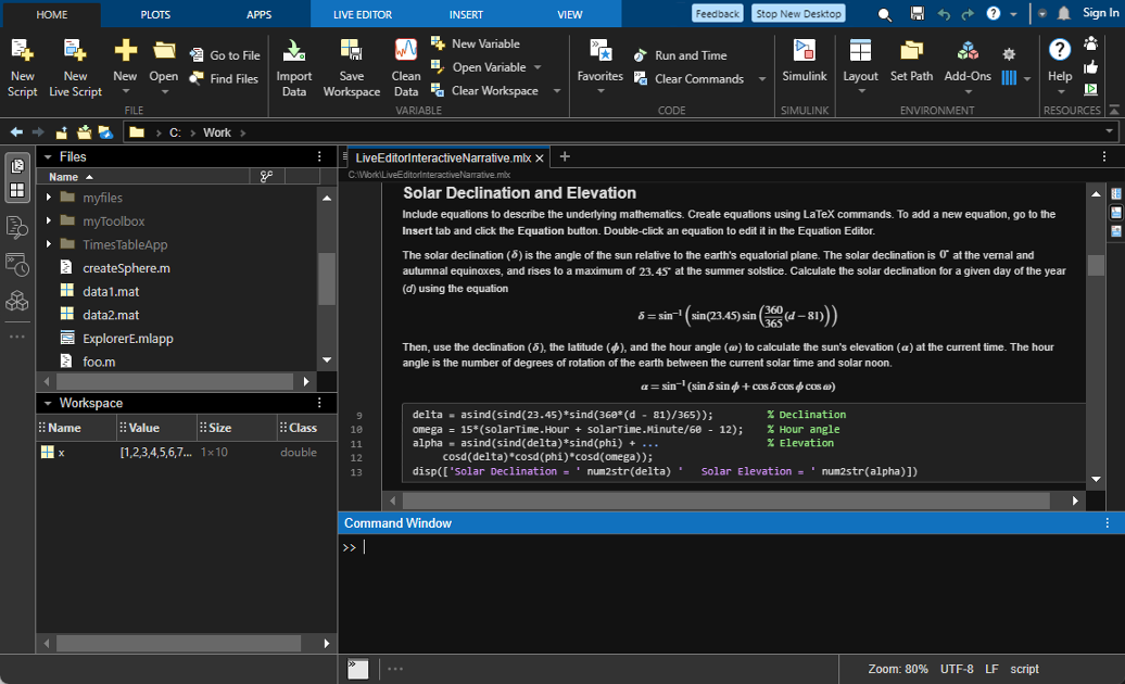 MATLAB desktop with all panels displayed with a dark background and light text