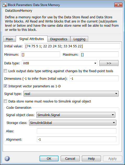 Signal attributes tab of the block parameters