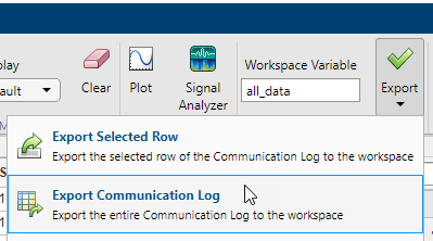 Serial Explorer app showing Export Communication Log option.