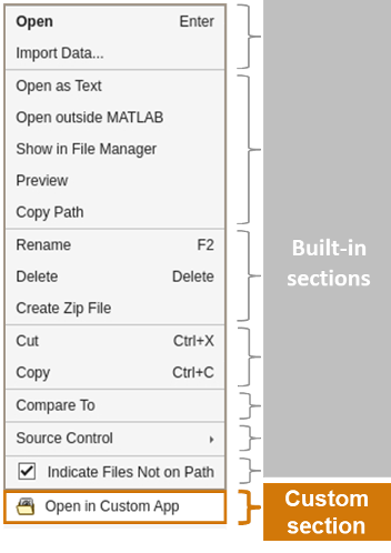 Files panel context menu with a custom section at the bottom containing the Open in Custom App item