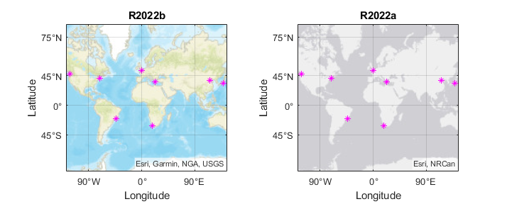 Two geographic plots. The first plot was created in R2022b, and it displays the specified streets basemap. The second plot was created in R2022a, and it displays the streets-light basemap.