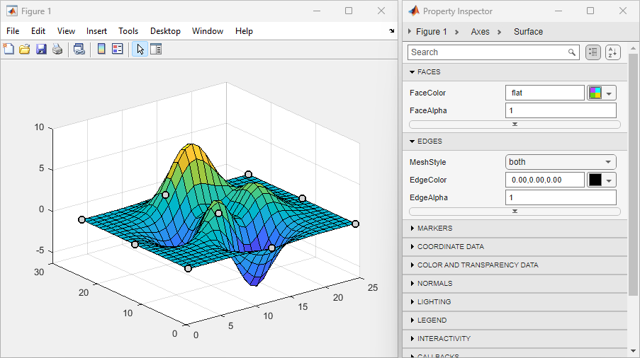 Side-by-side windows. A surface plot is on the left and the Property Inspector is on the right.