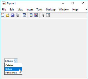 Figure window with a pop-up menu. The pop-up menu has the list items "Celsius", "Kelvin", and "Fahrenheit".