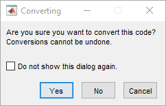 Preferences dialog box with custom title and body text. The dialog box also has a check box with the text "Do not show this dialog again." and three buttons, "Yes", "No", and "Cancel".