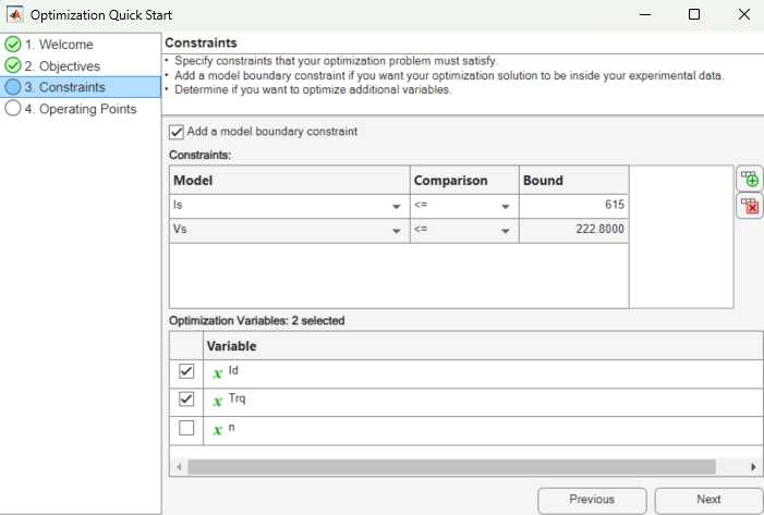 Create optimization from model dialog with constraints defined on the constraints tab.
