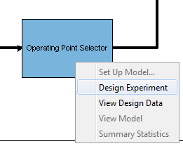 Screenshot of MBC test plan interface showing Operating Point Selector block with context menu option to design experiment for engine calibration.