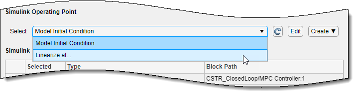 Simulink Operating Point section of the Linearize Simulink Model dialog box, chosing to linearize at a given snapshot times.