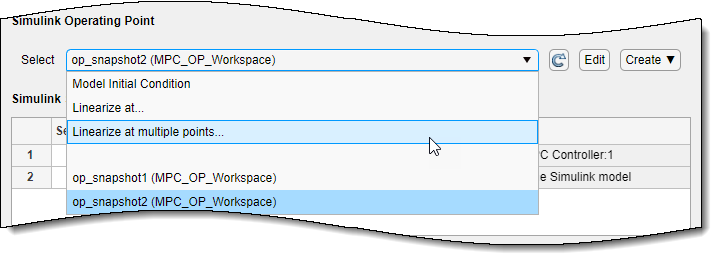 Simulink Operating Point section of the Linearize Simulink Model dialog box, choosing to linearize at multiple points.