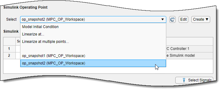 Simulink Operating Point section of the Linearize Simulink Model dialog box, selecting an operating point snapshot.