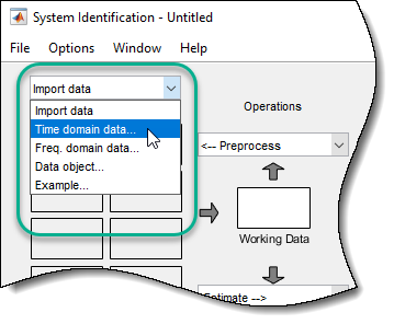 Upper left section of the System Identification app, showing Time domain data being selected.