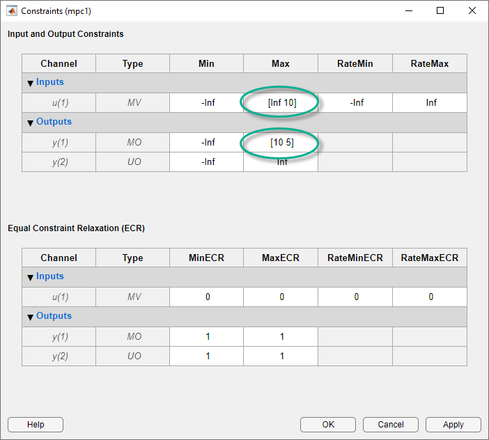 Constraints dialog box of the MPC Designer app.