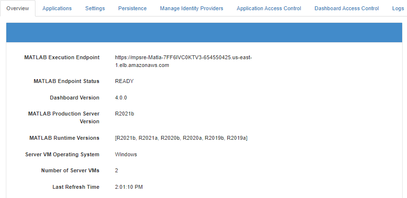 Screen shot of MATLAB Production Server dashboard overview tab