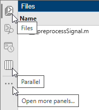 MATLAB desktop, showing the Files panel, the Parallel Panel, and the Open more panels button.