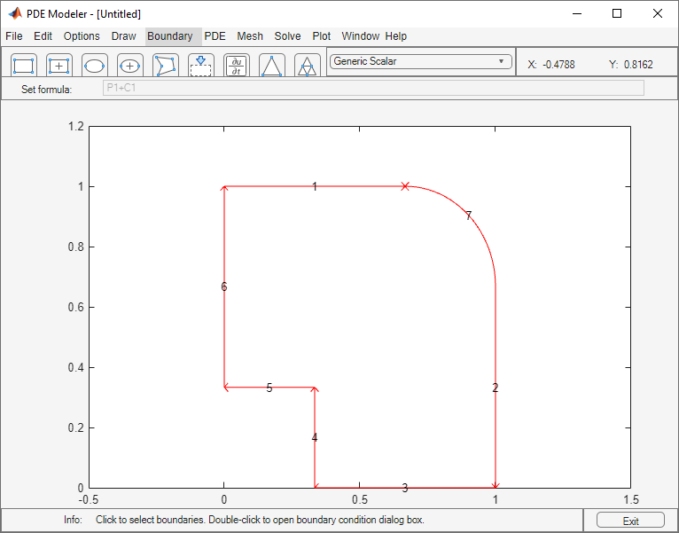 PDEModeler app window showing boundaries of the geometry with the edge labels