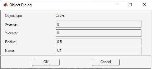 Dialog box for specifying the following parameters of a circle: the x and y coordinates of its center, the radius, and the name of the shape, such as C1