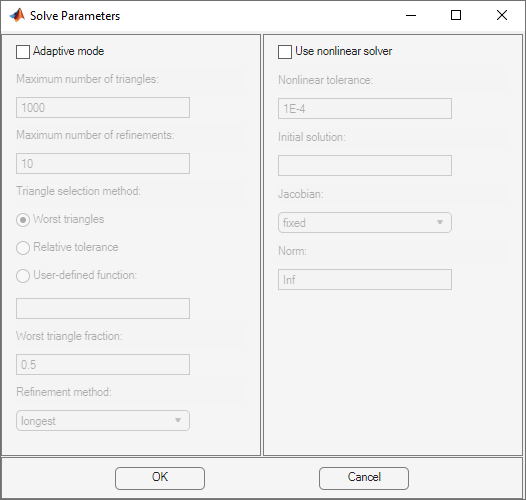 Dialog box for specifying the solver parameters for elliptic equations