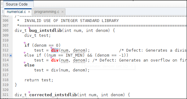 The source code token involved in a defect is highlighted in red.