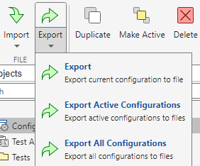 Menu showing options to export the current configuration to a file, to export active configurations to files, and to export all configurations to files