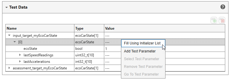 Tabular test. In the context menu that appears after right-clicking a row containing an aggregate, the Fill Using Initializer List option is selected.