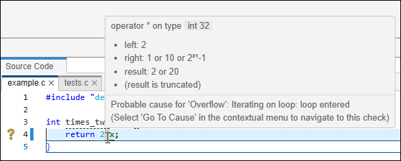 Tooltip on * operator states that the operation uses type int32, the left operand is 2 and the right operand is 2 raised to the power 31 minus 1.