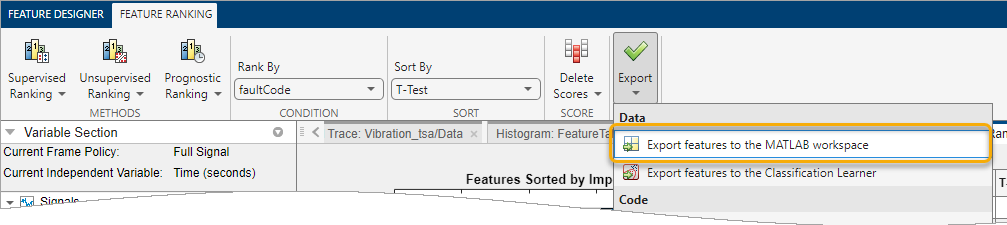 The Export button is on the far right. Export features to the MATLAB workspace is the first item in the list beneath the button.