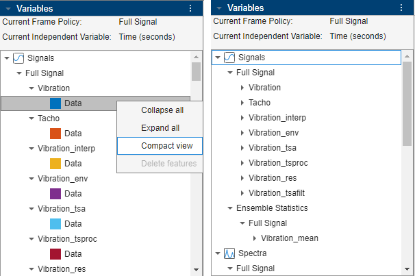 The default expanded variable display is on the left. The Compact view option is the third and last item in the menu to the right of the expanded variables. The resulting compacted view is on the right.
