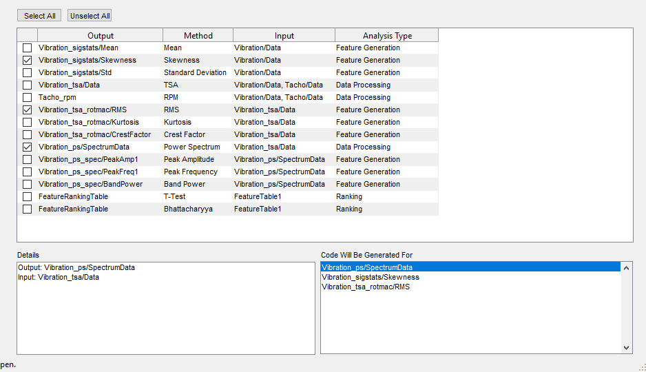 Window in Diagnostic Feature Designer for selecting code generation outputs