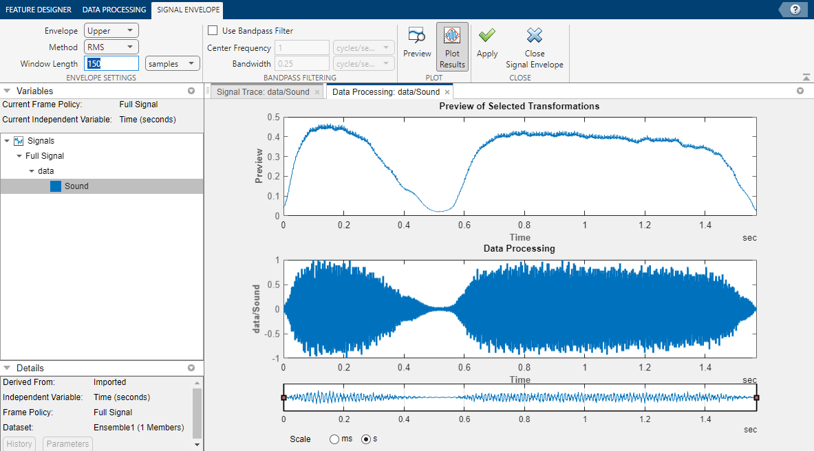 The settings and controls are in the tab at the top. The Variables pane is on the left. The preview plot is on the right. The top plot shows the envelope. The bottom plot shows the signal.