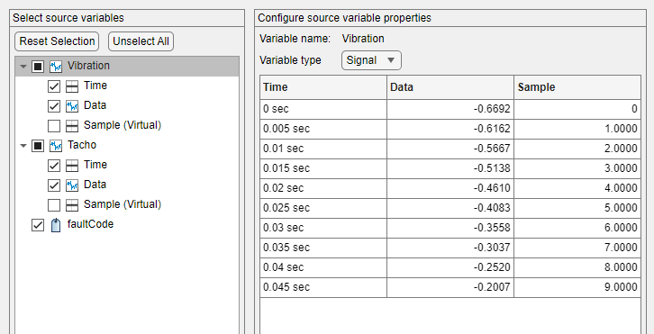 The Select source variables pane is on the left. The variable at the top of the pane, Vibration, is highlighted. The Configure source variable properties pane on the right displays the preview table.