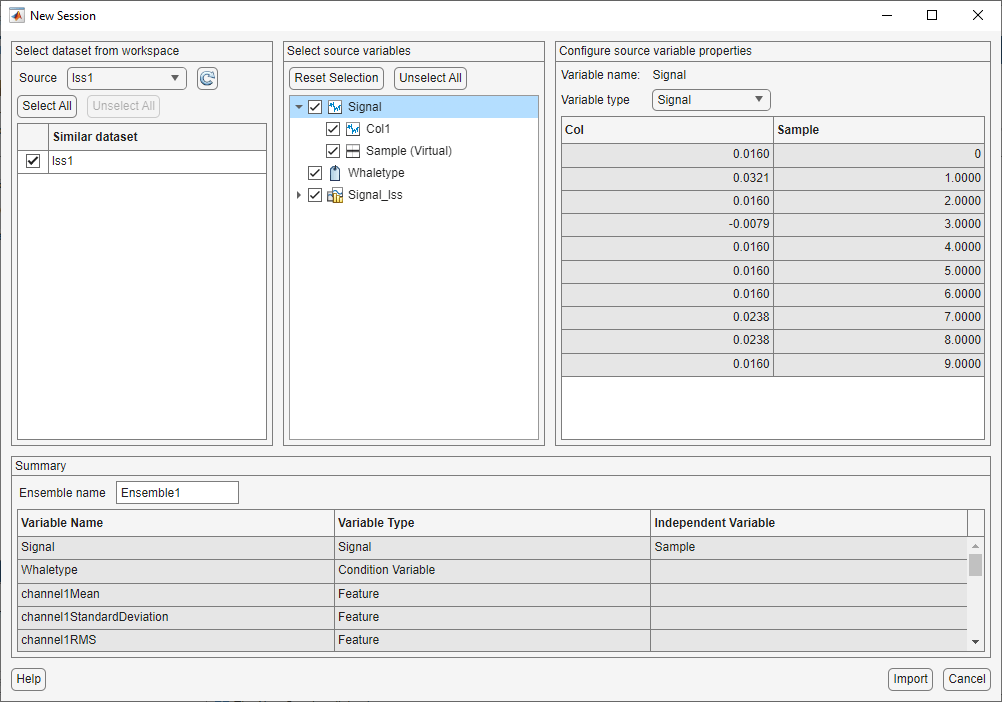 New Session dialog box. Dataset lss1 is selected on the left. Select source variables identify the signal, the condition variable, and the features in the middle. The summary on the bottom displays the imported variable names and types on the bottom.