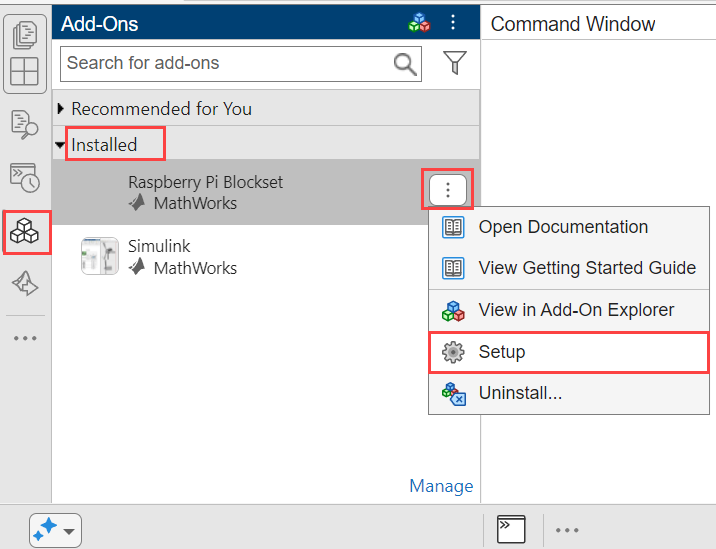 Raspberry Pi Blockset Setup through Add-Ons