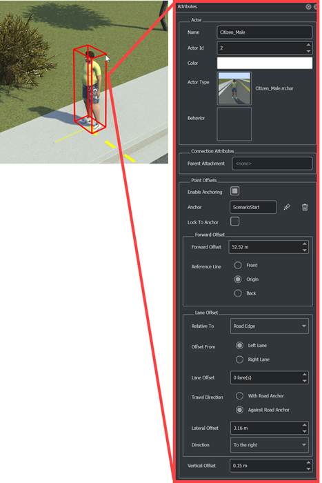 A pedestrian actor highlighted in the scenario and its accompanying attributes.