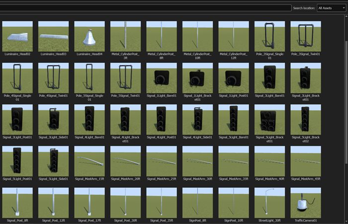 Collection of additional traffic signal assets in the Library Browser.