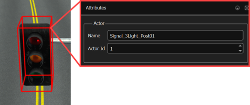 A traffic signal actor highlighted in the scenario and all its accompanying attributes.