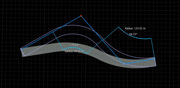 Curved road with two control points connected light blue lines