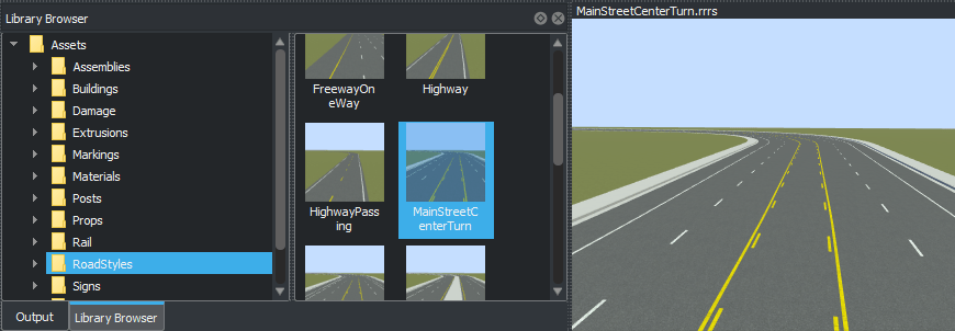 Library Browser with road style asset selected