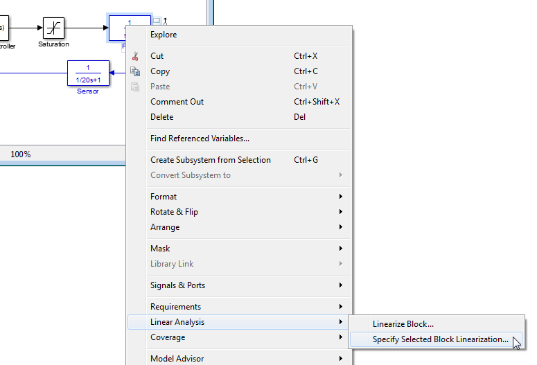 Simulink model canvas with right-click menu displayed on a block