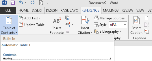 References tab in Word template with Table of Contents selected