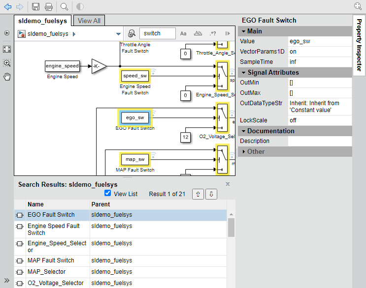 Search results pane showing the selected web view results, and the model with the associated blocks highlighted.