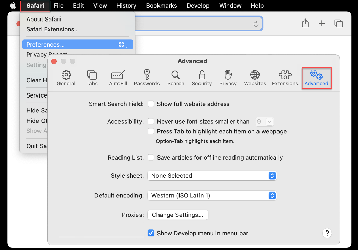 Safari menu is open and preference is highlighted. Advanced menu is open and Show Develop menu in menu bar is selected.