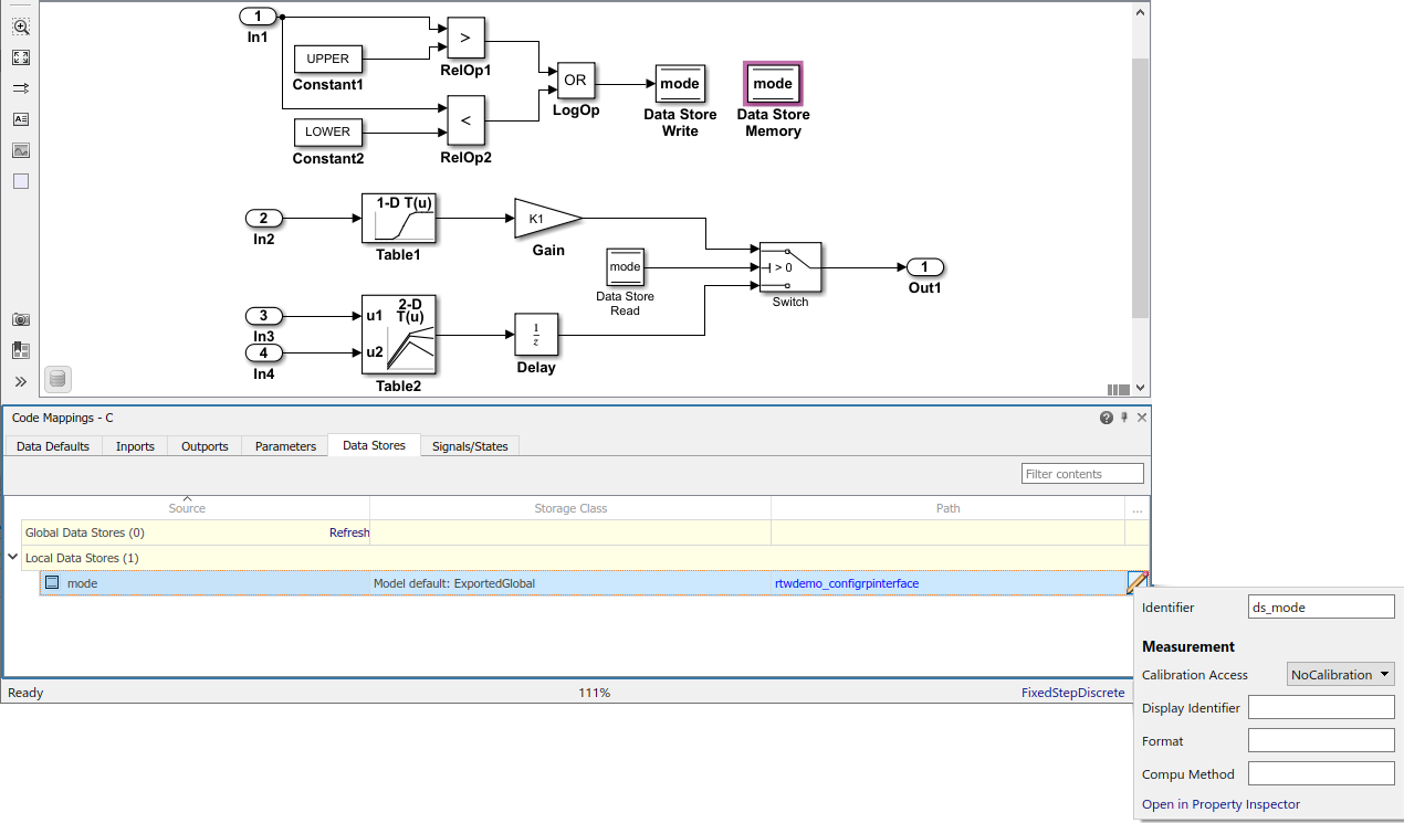 Code Mappings editor with Data Stores tab selected, Shared Local Data Stores tree node expanded, and storage class for data store mode set to Model default: ExportedGlobal. Mapping Inspector shows Identifier property for data store mode set to ds_mode.